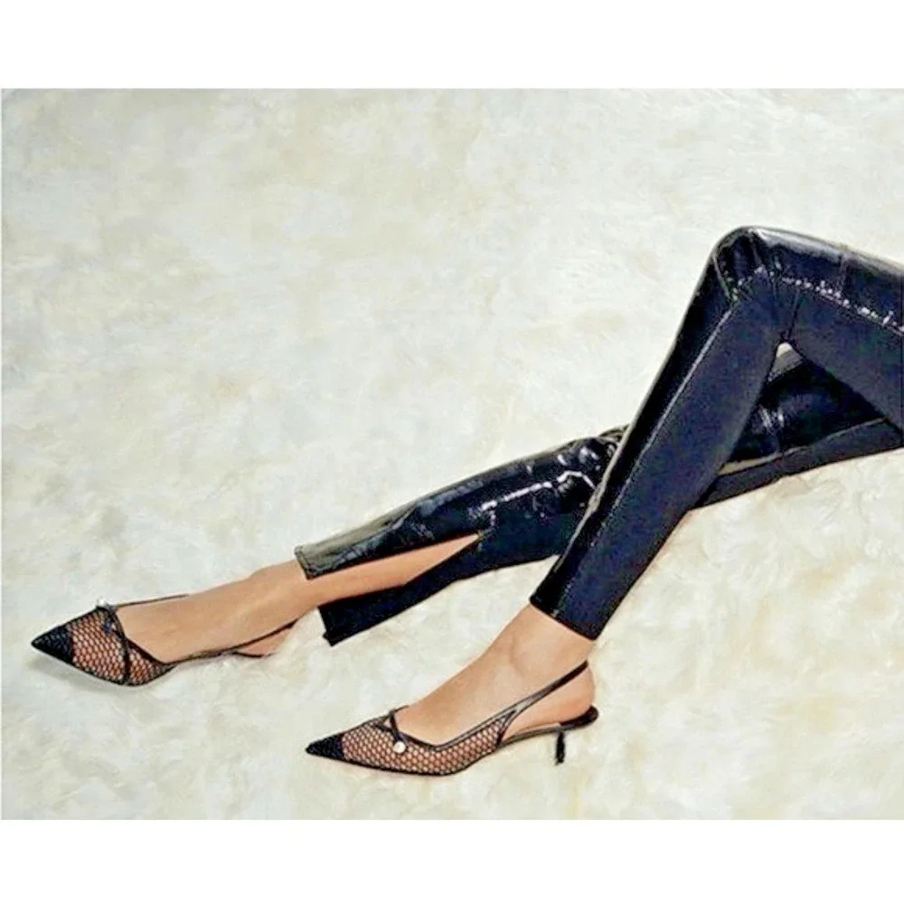 Jimmy Choo Size 40 US 10 Amita 45‎ Slingback Kitten Heel Pumps Fishnet Ballerina